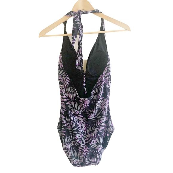 Snozu One-Piece Swimsuit Floral Black Purple Size 10 NWOT Tropical Beach - Picture 2 of 11